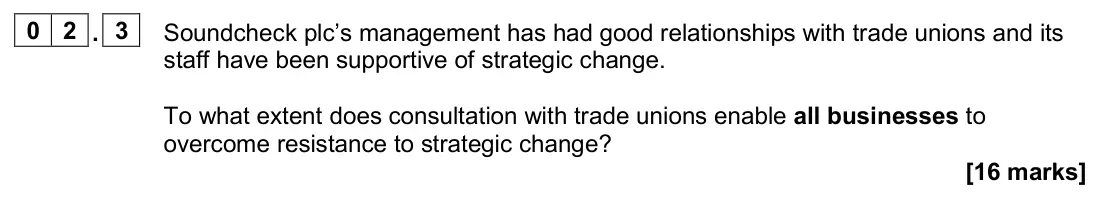 June 2024 Paper 2, question 02.3: Soundcheck plc’s management has had good relationships with trade unions and its staff have been supportive of strategic change. To what extent does consultatio