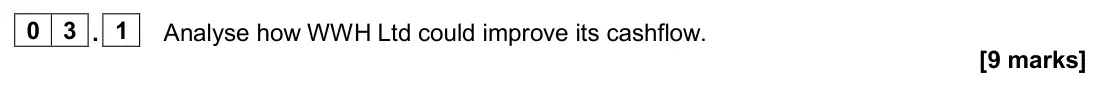 June 2024 Paper 2, question 03.1: Analyse how WWH Ltd could improve its cashflow. [9 marks] 0 3 Read the information below and then answer the questions that follow. WWH Ltd WWH Ltd manufactures