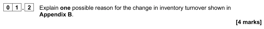 June 2025 Paper 2, question 01.2: Explain one possible reason for the change in inventory turnover shown in Appendix B. [4 marks] 0 1 Read the information below and then answer the questions tha