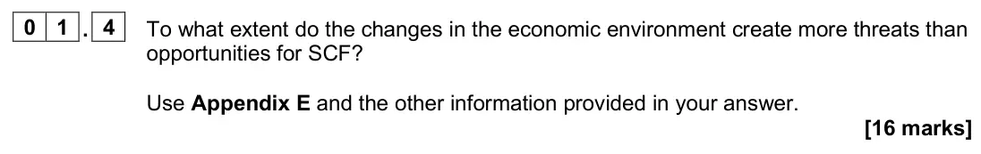June 2025 Paper 2, question 01.4: To what extent do the changes in the economic environment create more threats than opportunities for SCF? Use Appendix E and the other information provided in y