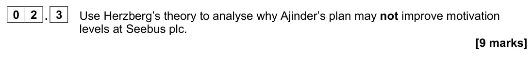 June 2025 Paper 2, question 02.3: Use Herzberg’s theory to analyse why Ajinder’s plan may not improve motivation levels at Seebus plc. [9 marks] 0 2 Read the information below and then answer th