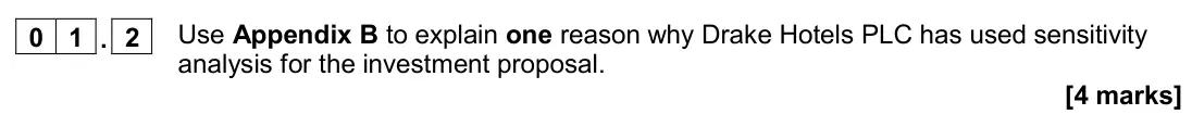 November 2020 Paper 2, question 01.2: Use Appendix B to explain one reason why Drake Hotels PLC has used sensitivity analysis for the investment proposal. [4 marks] 0 1 Read the information below an