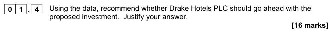 November 2020 Paper 2, question 01.4: Using the data, recommend whether Drake Hotels PLC should go ahead with the proposed investment. Justify your answer. [16 marks] 0 1 Read the information below 