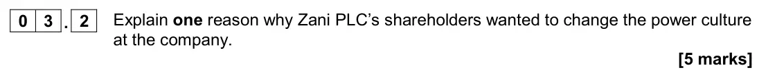November 2020 Paper 2, question 03.2: Explain one reason why Zani PLC’s shareholders wanted to change the power culture at the company. [5 marks] 0 3 Read the information below and then answer the q