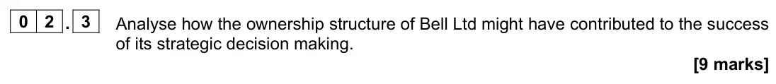 November 2021 Paper 2, question 02.3: Analyse how the ownership structure of Bell Ltd might have contributed to the success of its strategic decision making. [9 marks] 0 2 Read the information below