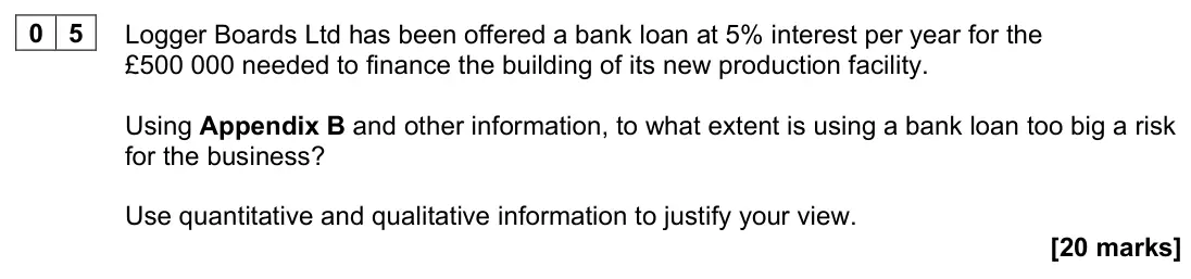 June 2023 Paper 3, question 05: Logger Boards Ltd has been offered a bank loan at 5% interest per year for the £500 000 needed to finance the building of its new production facility. Using App