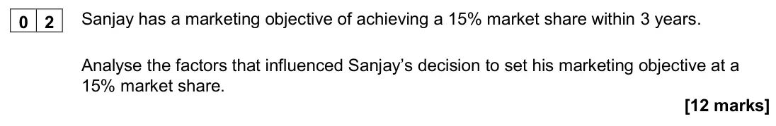 June 2024 Paper 3, question 02: Sanjay has a marketing objective of achieving a 15% market share within 3 years. Analyse the factors that influenced Sanjay’s decision to set his marketing obje
