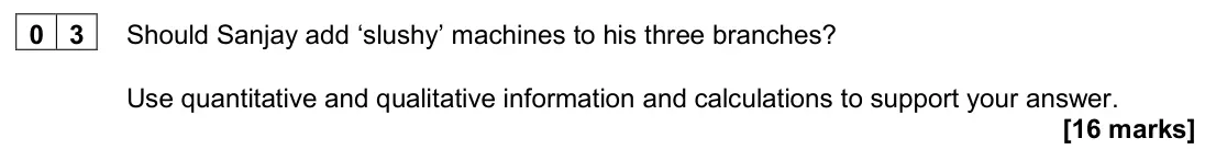 June 2024 Paper 3, question 03: Should Sanjay add ‘slushy’ machines to his three branches? Use quantitative and qualitative information and calculations to support your answer. [16 marks] Sanj