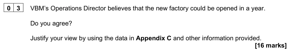 June 2025 Paper 3, question 03: VBM’s Operations Director believes that the new factory could be opened in a year. Do you agree? Justify your view by using the data in Appendix C and other inf