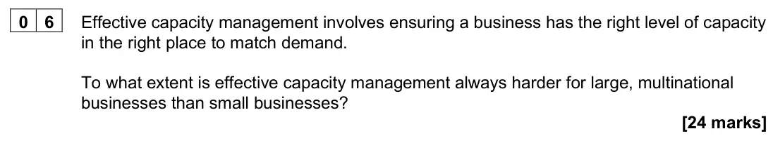 June 2025 Paper 3, question 06: Effective capacity management involves ensuring a business has the right level of capacity in the right place to match demand. To what extent is effective capac