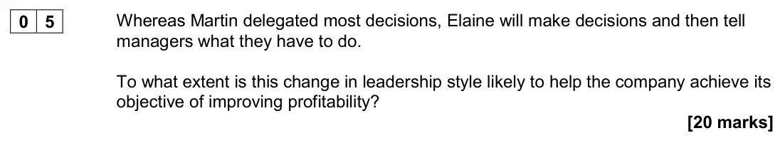 November 2020 Paper 3, question 05: Whereas Martin delegated most decisions, Elaine will make decisions and then tell managers what they have to do. To what extent is this change in leadership sty