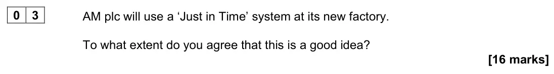 November 2021 Paper 3, question 03: AM plc will use a ‘Just in Time’ system at its new factory. To what extent do you agree that this is a good idea? [16 marks] The past Aerial Manufacturing plc (