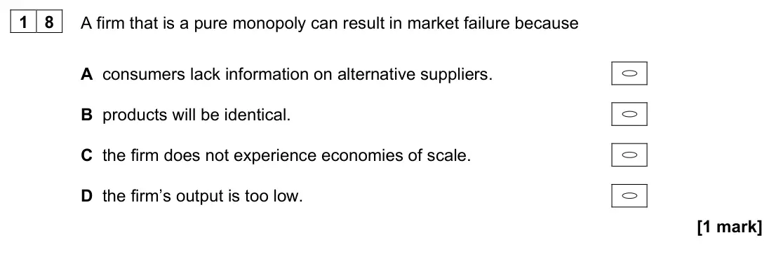 June 2022 AS Paper 1, question 18: A firm that is a pure monopoly can result in market failure because A consumers lack information on alternative suppliers. B products will be identical. C the f