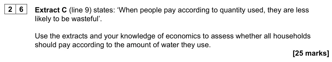 June 2022 AS Paper 1, question 26: Extract C (line 9) states: ‘When people pay according to quantity used, they are less likely to be wasteful’. Use the extracts and your knowledge of economics t