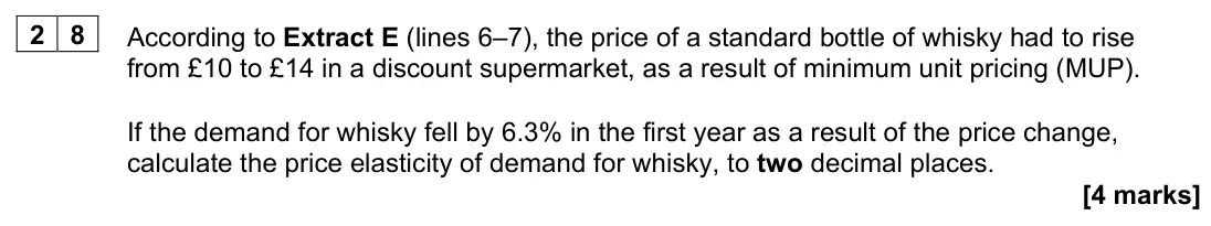 June 2022 AS Paper 1, question 28: According to Extract E (lines 6–7), the price of a standard bottle of whisky had to rise from £10 to £14 in a discount supermarket, as a result of minimum unit 