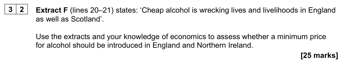 June 2022 AS Paper 1, question 32: Extract F (lines 20–21) states: ‘Cheap alcohol is wrecking lives and livelihoods in England as well as Scotland’. Use the extracts and your knowledge of economi