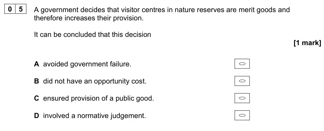 June 2023 AS Paper 1, question 05: A government decides that visitor centres in nature reserves are merit goods and therefore increases their provision. It can be concluded that this decision [1