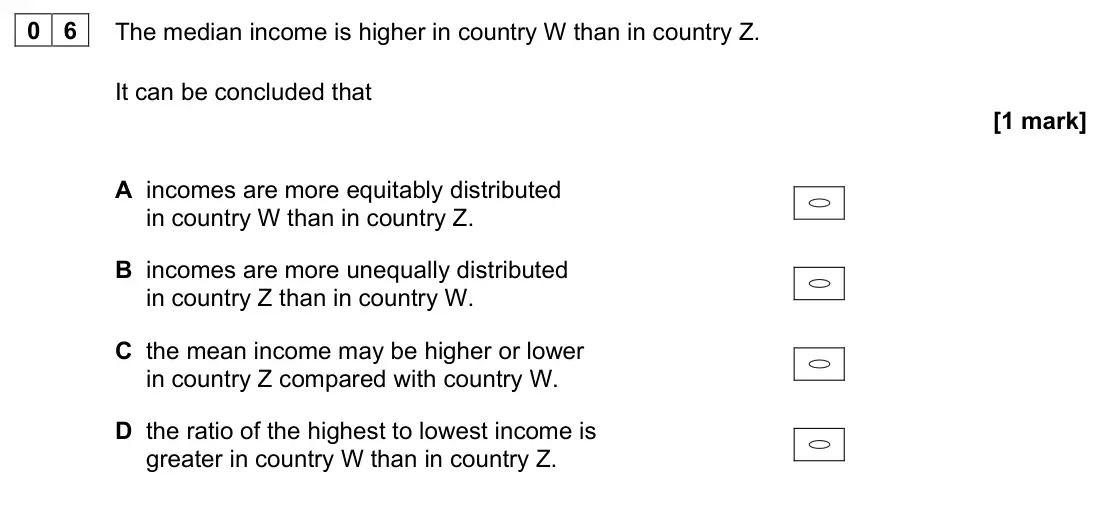 June 2023 AS Paper 1, question 06: The median income is higher in country W than in country Z. It can be concluded that [1 mark] A incomes are more equitably distributed in country W than in coun