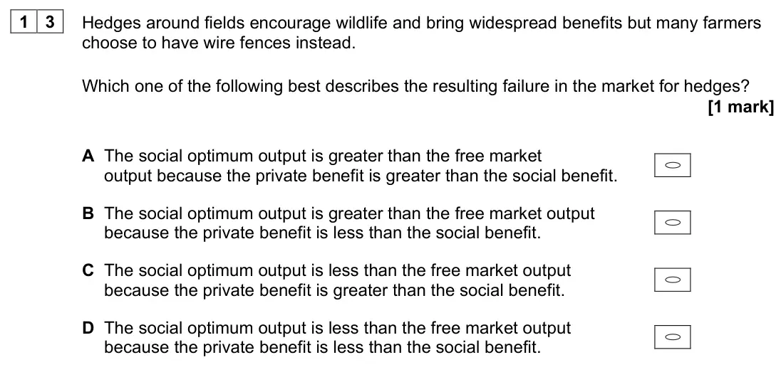 June 2023 AS Paper 1, question 13: Hedges around fields encourage wildlife and bring widespread benefits but many farmers choose to have wire fences instead. Which one of the following best descr