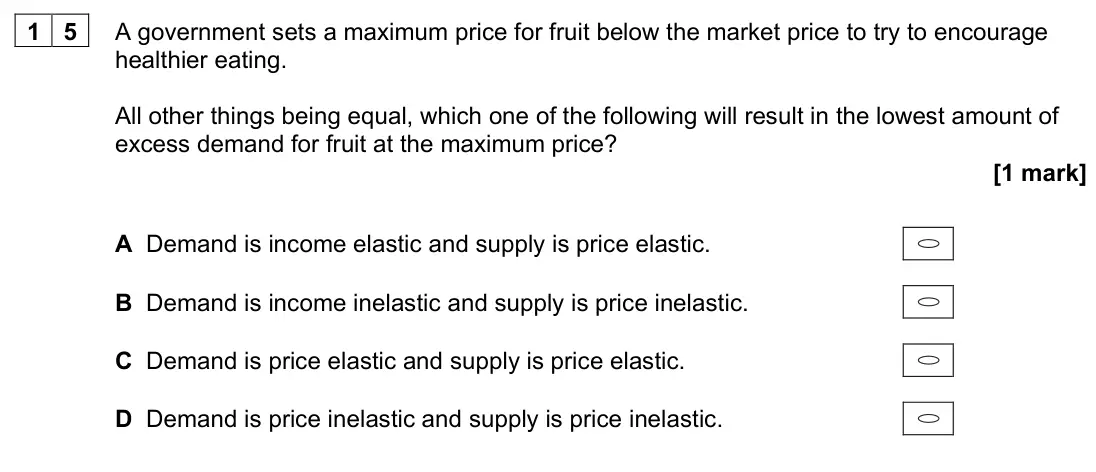 June 2023 AS Paper 1, question 15: A government sets a maximum price for fruit below the market price to try to encourage healthier eating. All other things being equal, which one of the followin