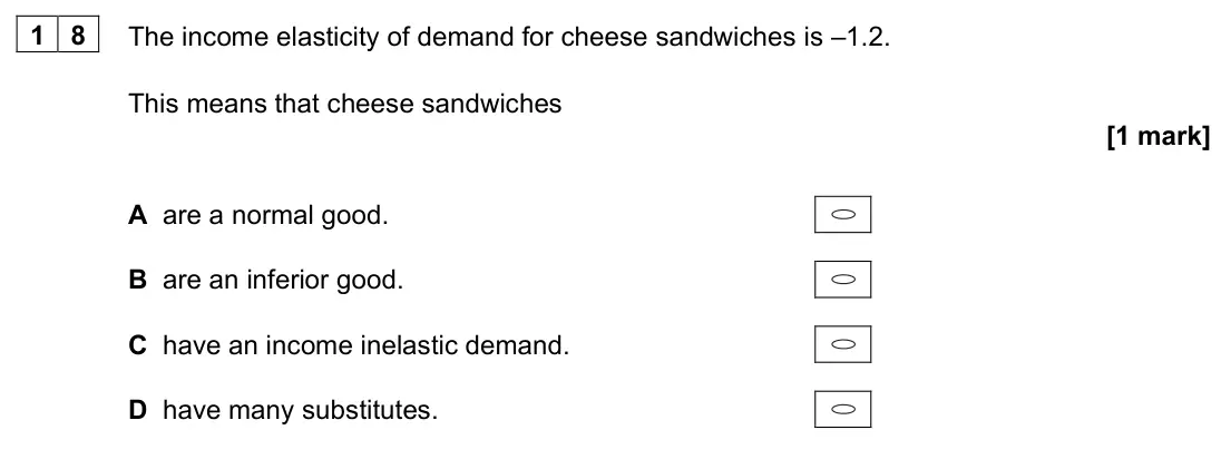 June 2023 AS Paper 1, question 18: The income elasticity of demand for cheese sandwiches is –1.2. This means that cheese sandwiches [1 mark] A are a normal good. B are an inferior good. C have an