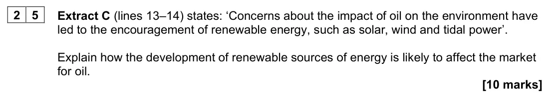 June 2023 AS Paper 1, question 25: Extract C (lines 13–14) states: ‘Concerns about the impact of oil on the environment have led to the encouragement of renewable energy, such as solar, wind and