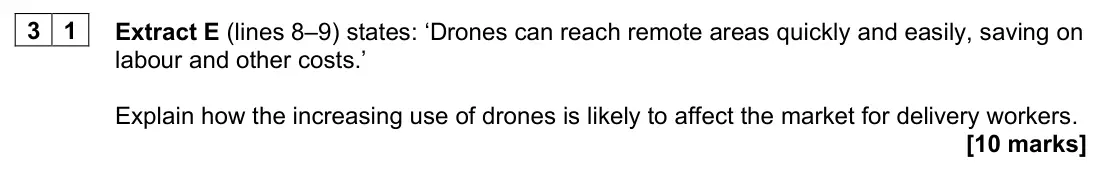 June 2023 AS Paper 1, question 31: Extract E (lines 8–9) states: ‘Drones can reach remote areas quickly and easily, saving on labour and other costs.’ Explain how the increasing use of drones is