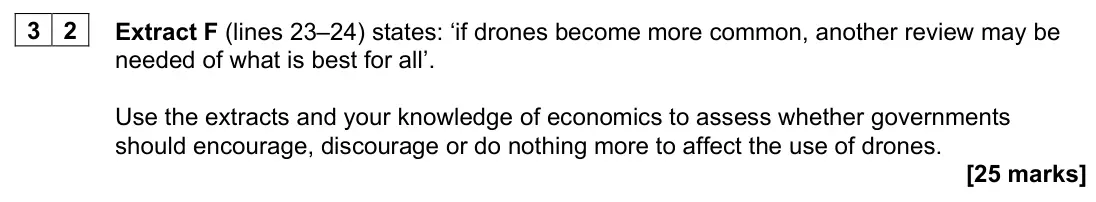 June 2023 AS Paper 1, question 32: Extract F (lines 23–24) states: ‘if drones become more common, another review may be needed of what is best for all’. Use the extracts and your knowledge of eco