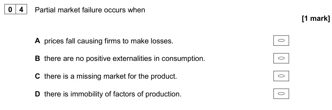 June 2024 AS Paper 1, question 04: Partial market failure occurs when [1 mark] A prices fall causing firms to make losses. B there are no positive externalities in consumption. C there is a missi