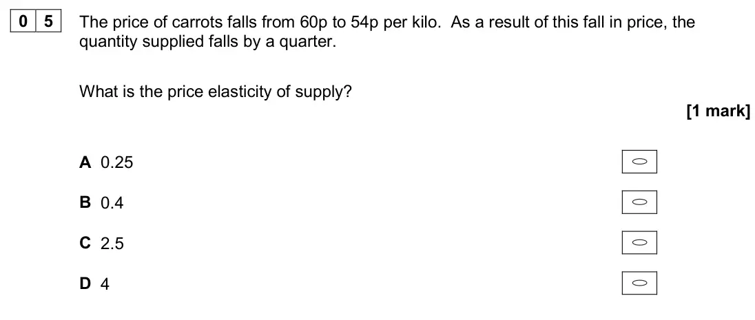 June 2024 AS Paper 1, question 05: The price of carrots falls from 60p to 54p per kilo. As a result of this fall in price, the quantity supplied falls by a quarter. What is the price elasticity o