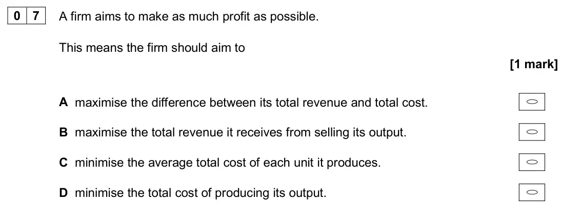 June 2024 AS Paper 1, question 07: A firm aims to make as much profit as possible. This means the firm should aim to [1 mark] A maximise the difference between its total revenue and total cost. B