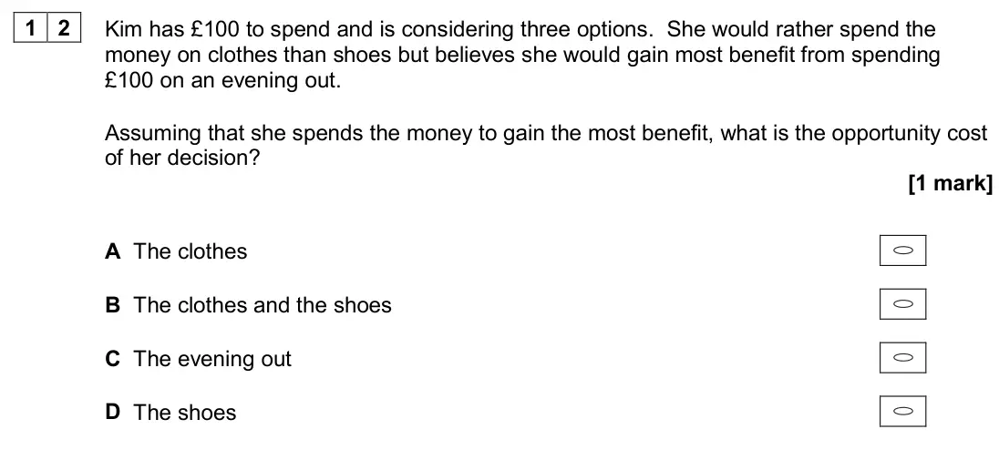 June 2024 AS Paper 1, question 12: Kim has £100 to spend and is considering three options. She would rather spend the money on clothes than shoes but believes she would gain most benefit from spe