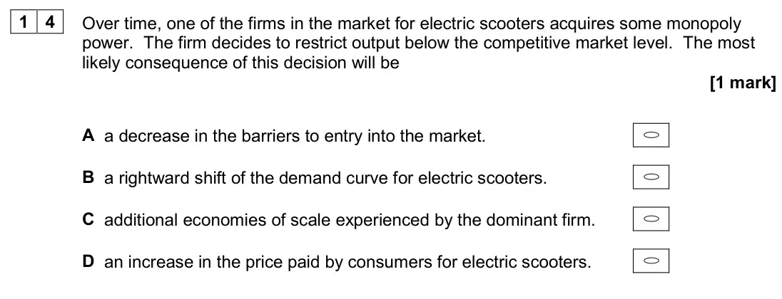 June 2024 AS Paper 1, question 14: Over time, one of the firms in the market for electric scooters acquires some monopoly power. The firm decides to restrict output below the competitive market l