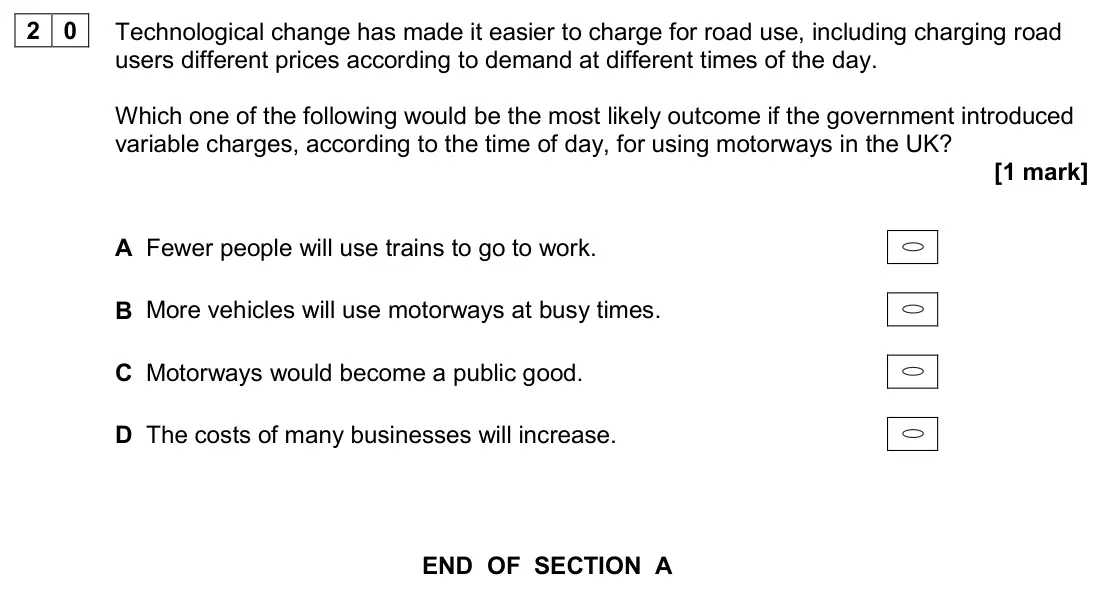June 2024 AS Paper 1, question 20: Technological change has made it easier to charge for road use, including charging road users different prices according to demand at different times of the day