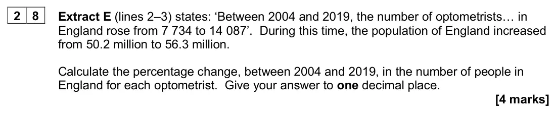 June 2024 AS Paper 1, question 28: Extract E (lines 2–3) states: ‘Between 2004 and 2019, the number of optometrists… in England rose from 7 734 to 14 087’. During this time, the population of Eng