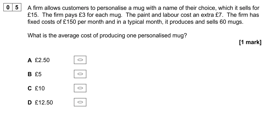 June 2025 AS Paper 1, question 05: A firm allows customers to personalise a mug with a name of their choice, which it sells for £15. The firm pays £3 for each mug. The paint and labour cost an ex