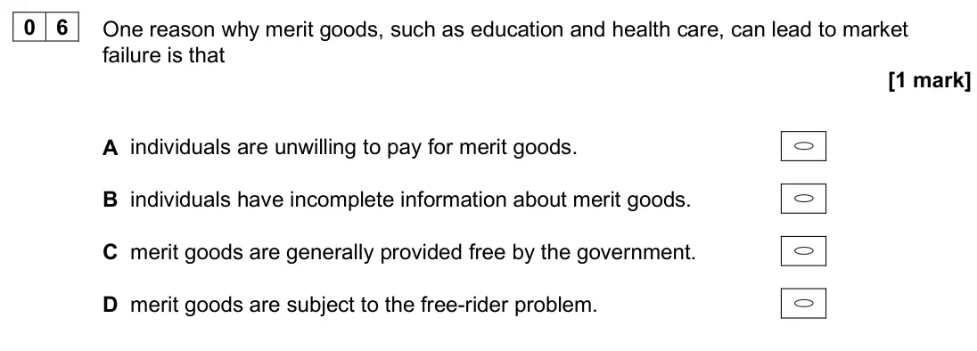June 2025 AS Paper 1, question 06: One reason why merit goods, such as education and health care, can lead to market failure is that [1 mark] A individuals are unwilling to pay for merit goods. B