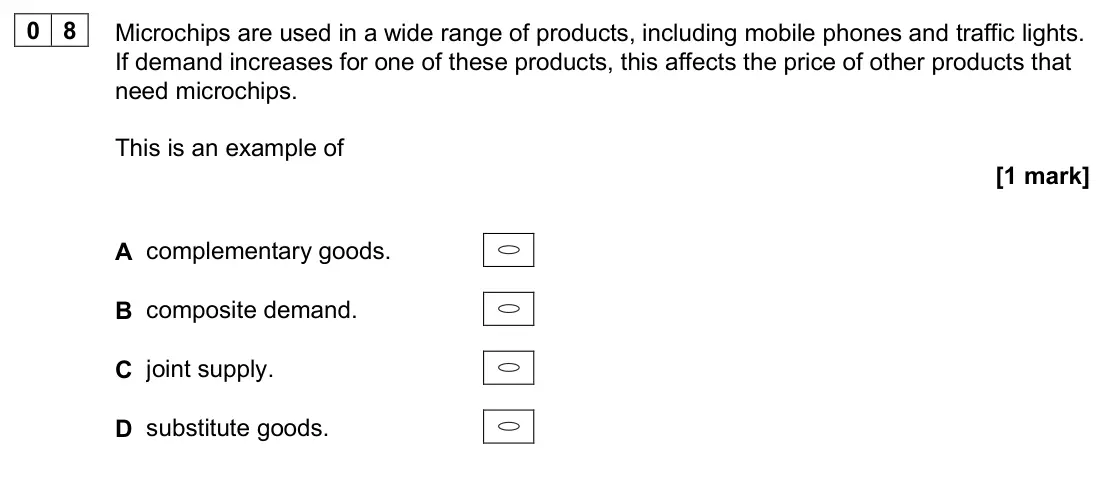 June 2025 AS Paper 1, question 08: Microchips are used in a wide range of products, including mobile phones and traffic lights. If demand increases for one of these products, this affects the pri