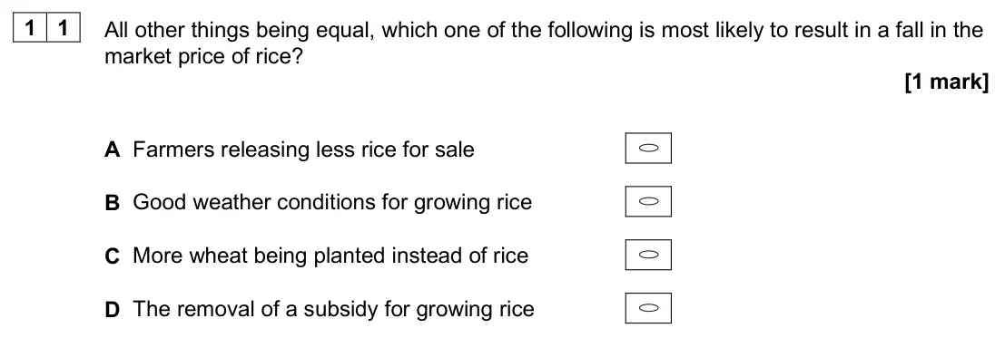 June 2025 AS Paper 1, question 11: All other things being equal, which one of the following is most likely to result in a fall in the market price of rice? [1 mark] A Farmers releasing less rice 