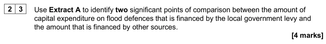 June 2025 AS Paper 1, question 23: Use Extract A to identify two significant points of comparison between the amount of capital expenditure on flood defences that is financed by the local governm