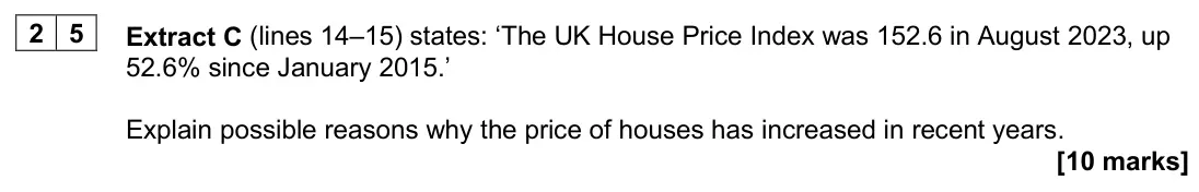 June 2025 AS Paper 1, question 25: Extract C (lines 14–15) states: ‘The UK House Price Index was 152.6 in August 2023, up 52.6% since January 2015.’ Explain possible reasons why the price of hous