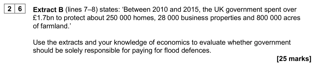 June 2025 AS Paper 1, question 26: Extract B (lines 7–8) states: ‘Between 2010 and 2015, the UK government spent over £1.7bn to protect about 250 000 homes, 28 000 business properties and 800 000