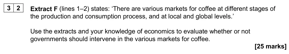 June 2025 AS Paper 1, question 32: Extract F (lines 1–2) states: ‘There are various markets for coffee at different stages of the production and consumption process, and at local and global level