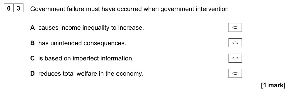 November 2020 AS Paper 1, question 03: Government failure must have occurred when government intervention A causes income inequality to increase. B has unintended consequences. C is based on imperfec