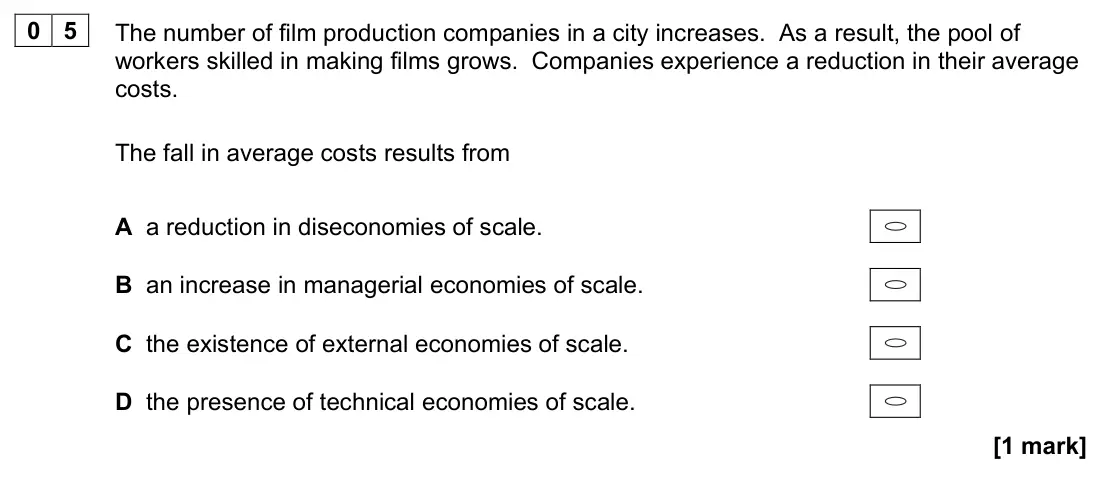 November 2020 AS Paper 1, question 05: The number of film production companies in a city increases. As a result, the pool of workers skilled in making films grows. Companies experience a reduction in