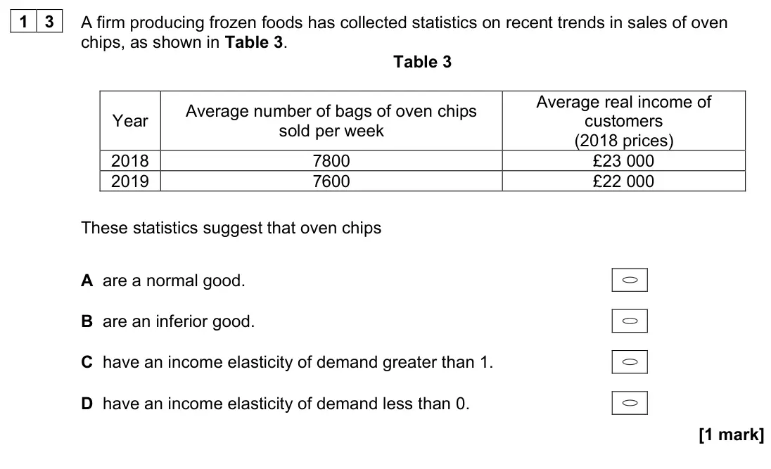 November 2020 AS Paper 1, question 13: A firm producing frozen foods has collected statistics on recent trends in sales of oven chips, as shown in Table 3. Table 3 Year Average number of bags of oven