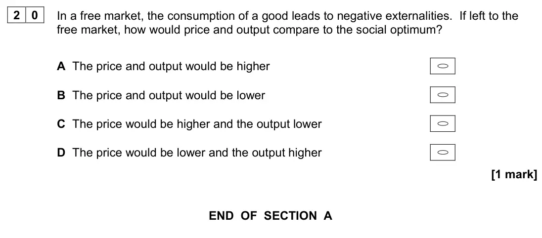 November 2020 AS Paper 1, question 20: In a free market, the consumption of a good leads to negative externalities. If left to the free market, how would price and output compare to the social optimu