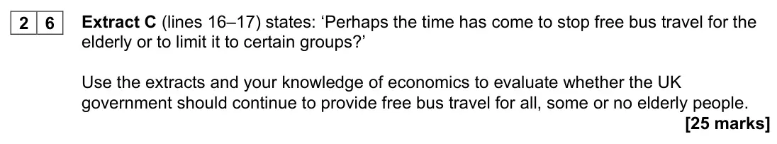 November 2020 AS Paper 1, question 26: Extract C (lines 16–17) states: ‘Perhaps the time has come to stop free bus travel for the elderly or to limit it to certain groups?’ Use the extracts and your