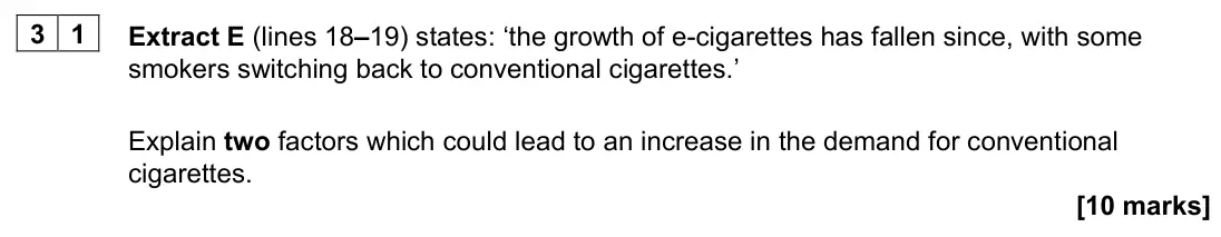 November 2020 AS Paper 1, question 31: Extract E (lines 18–19) states: ‘the growth of e-cigarettes has fallen since, with some smokers switching back to conventional cigarettes.’ Explain two factors 