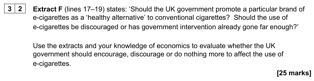 November 2020 AS Paper 1, question 32: Extract F (lines 17–19) states: ‘Should the UK government promote a particular brand of e-cigarettes as a ‘healthy alternative’ to conventional cigarettes? Shou